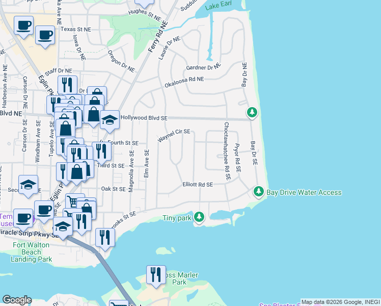 map of restaurants, bars, coffee shops, grocery stores, and more near 20 Waynel Circle Southeast in Fort Walton Beach