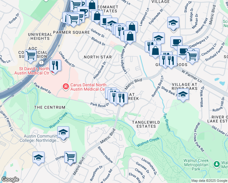 map of restaurants, bars, coffee shops, grocery stores, and more near 2000 Cedar Bend Drive in Austin