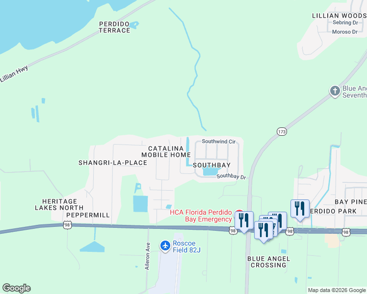 map of restaurants, bars, coffee shops, grocery stores, and more near 1932 Gulf Bay Lane in Pensacola