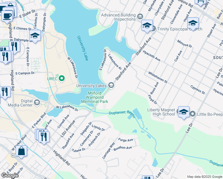map of restaurants, bars, coffee shops, grocery stores, and more near 998 Stanford Avenue in Baton Rouge