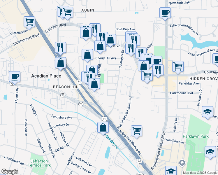 map of restaurants, bars, coffee shops, grocery stores, and more near 4628 North Fuller Place in Baton Rouge