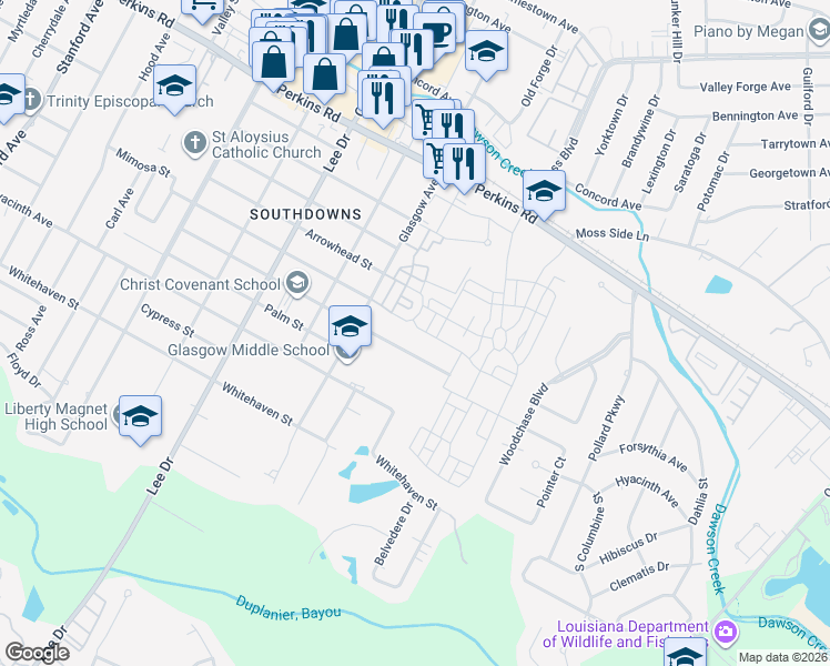 map of restaurants, bars, coffee shops, grocery stores, and more near 4321 Sweetbriar Street in Baton Rouge