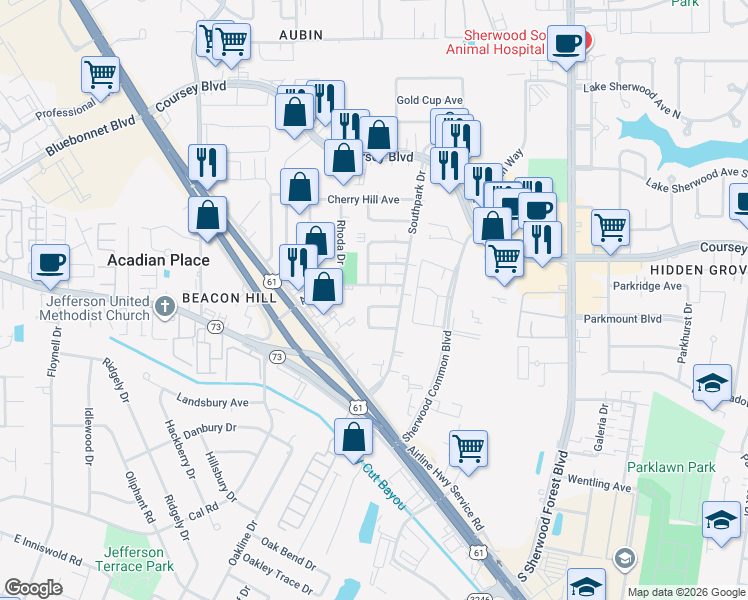 map of restaurants, bars, coffee shops, grocery stores, and more near 10853 East Fuller Place in Baton Rouge
