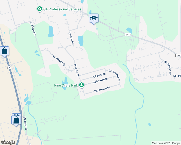 map of restaurants, bars, coffee shops, grocery stores, and more near North Forest Drive in Willis