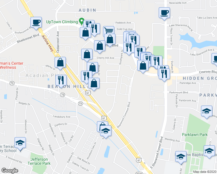 map of restaurants, bars, coffee shops, grocery stores, and more near 10855 East Fuller Place in Baton Rouge