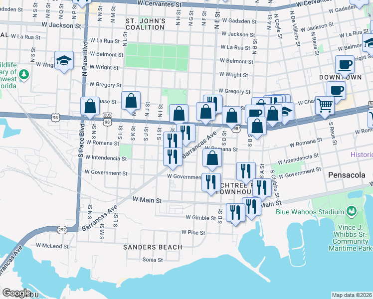 map of restaurants, bars, coffee shops, grocery stores, and more near 1400 Barrancas Avenue in Pensacola