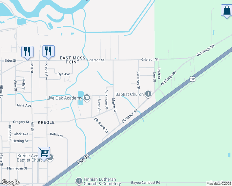 map of restaurants, bars, coffee shops, grocery stores, and more near 4706 Martin St in Moss Point