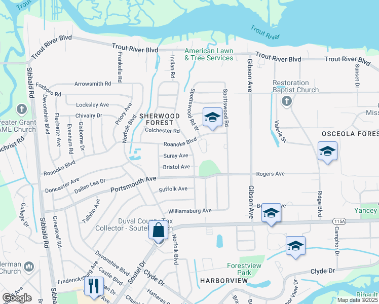 map of restaurants, bars, coffee shops, grocery stores, and more near 4605 Suray Avenue in Jacksonville