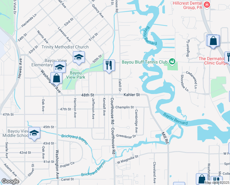 map of restaurants, bars, coffee shops, grocery stores, and more near 412 Kahler Street in Gulfport