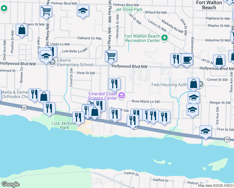 map of restaurants, bars, coffee shops, grocery stores, and more near 234 Santa Rosa Street Southwest in Fort Walton Beach