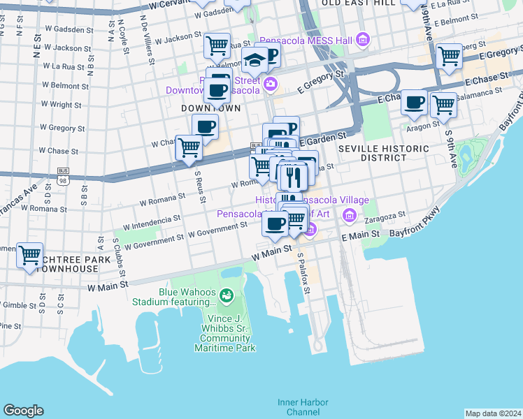 map of restaurants, bars, coffee shops, grocery stores, and more near in Pensacola