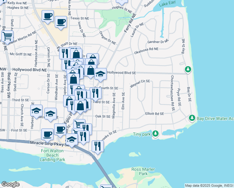 map of restaurants, bars, coffee shops, grocery stores, and more near 27 Magnolia Avenue Southeast in Fort Walton Beach