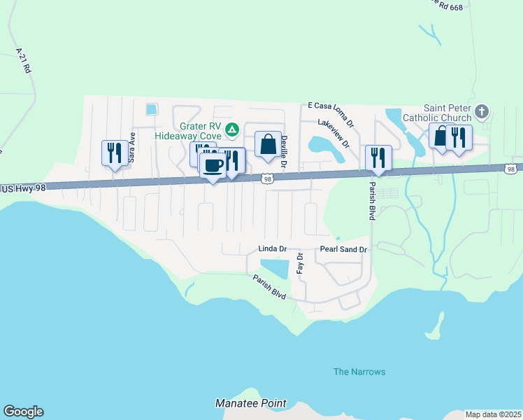 map of restaurants, bars, coffee shops, grocery stores, and more near 34 Cactus Road in Mary Esther