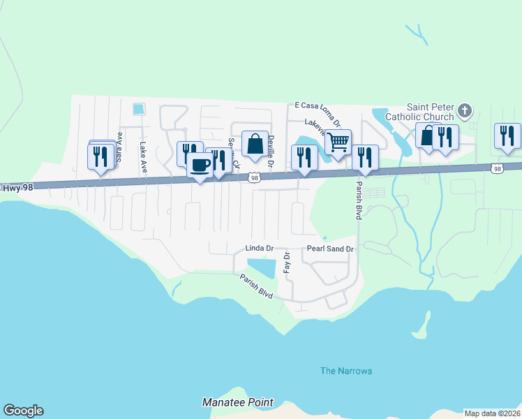 map of restaurants, bars, coffee shops, grocery stores, and more near 32 Snook Road in Mary Esther