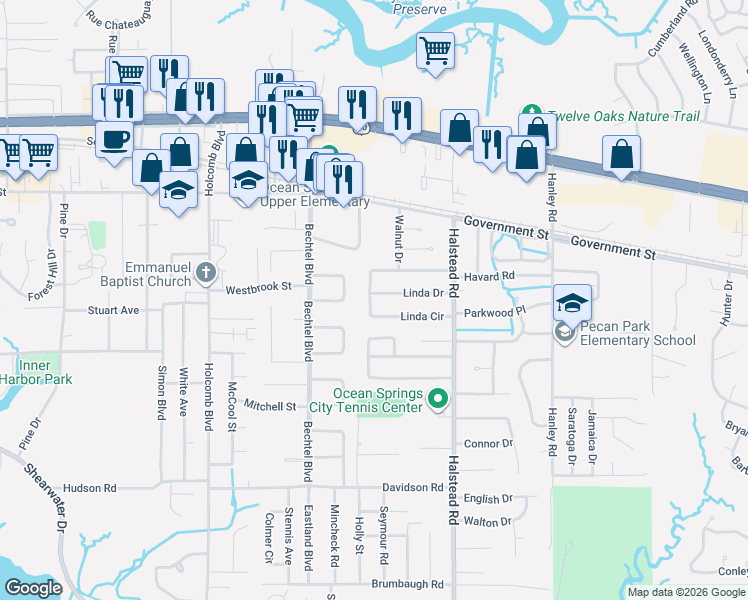 map of restaurants, bars, coffee shops, grocery stores, and more near 231 Linda Drive in Ocean Springs