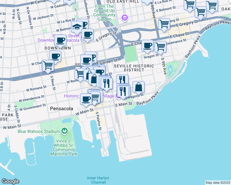map of restaurants, bars, coffee shops, grocery stores, and more near 201 East Government Street in Pensacola