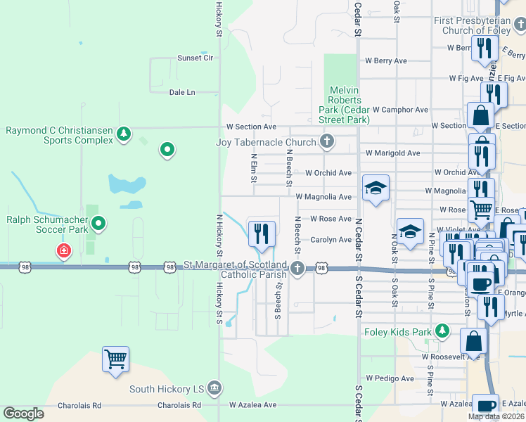 map of restaurants, bars, coffee shops, grocery stores, and more near 55 Magnolia Circle in Foley