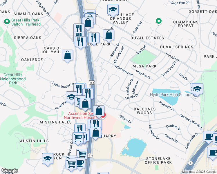map of restaurants, bars, coffee shops, grocery stores, and more near 11215 Research Boulevard in Austin