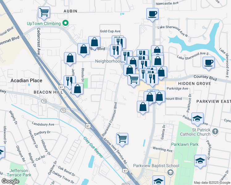 map of restaurants, bars, coffee shops, grocery stores, and more near 4500 Sherwood Commons Boulevard in Baton Rouge