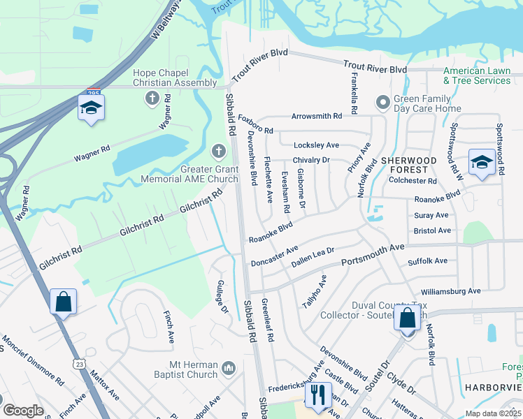 map of restaurants, bars, coffee shops, grocery stores, and more near 9441 Devonshire Boulevard in Jacksonville