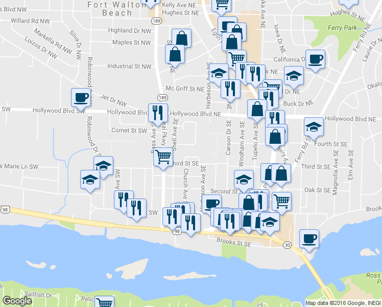 map of restaurants, bars, coffee shops, grocery stores, and more near 17 Chatelaine Circle Southeast in Fort Walton Beach