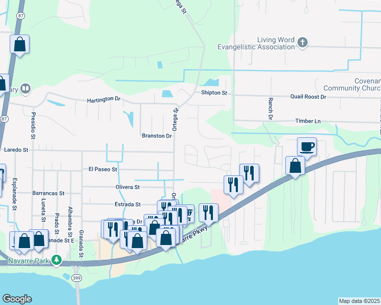 map of restaurants, bars, coffee shops, grocery stores, and more near 8773 Brown Pelican Circle in Navarre