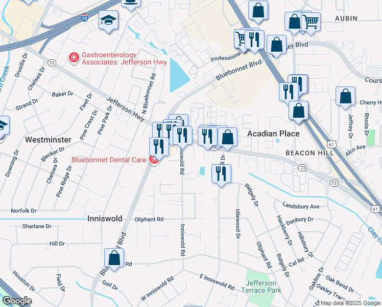 map of restaurants, bars, coffee shops, grocery stores, and more near 4343 Rue De Belle Maison in Baton Rouge