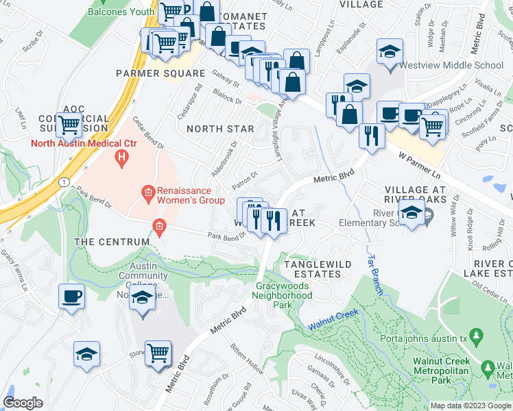 map of restaurants, bars, coffee shops, grocery stores, and more near 2000 Cedar Bend Drive in Austin