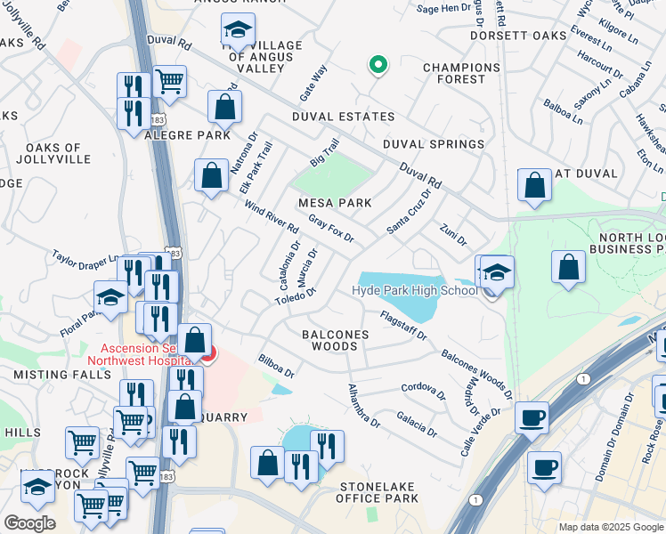 map of restaurants, bars, coffee shops, grocery stores, and more near 11603 Santa Cruz Drive in Austin
