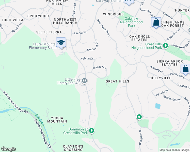 map of restaurants, bars, coffee shops, grocery stores, and more near 10013 Dianella Lane in Austin
