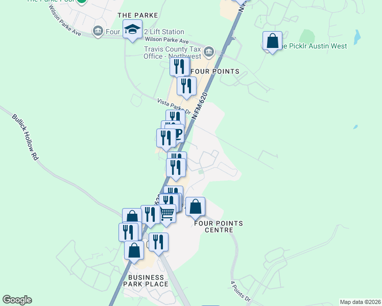 map of restaurants, bars, coffee shops, grocery stores, and more near 11415 Zimmerman Lane in Austin