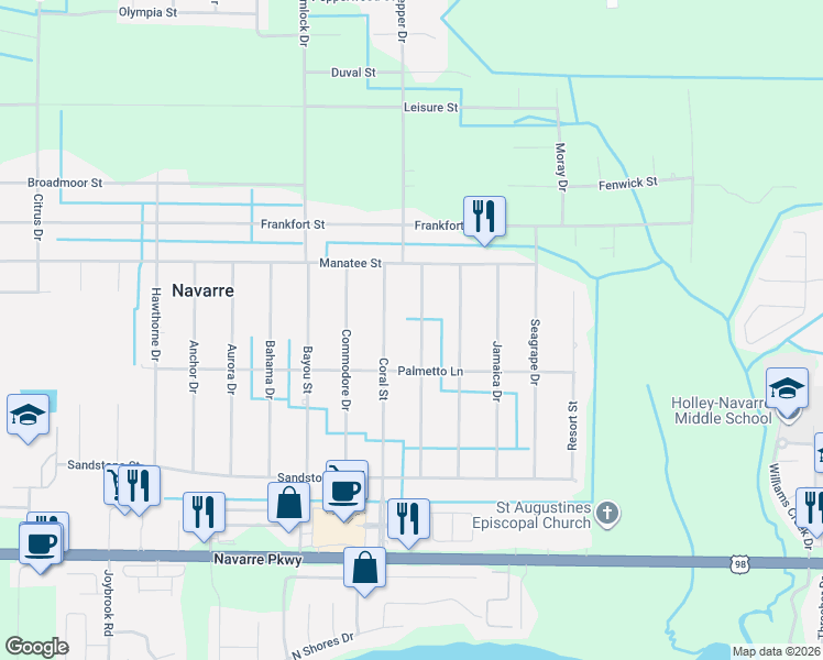 map of restaurants, bars, coffee shops, grocery stores, and more near 2005 Everglades Street in Navarre