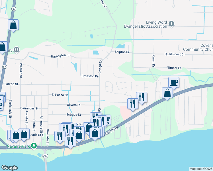map of restaurants, bars, coffee shops, grocery stores, and more near 8773 Brown Pelican Circle in Navarre
