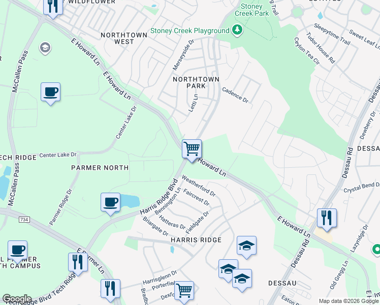 map of restaurants, bars, coffee shops, grocery stores, and more near East Howard Lane in Austin