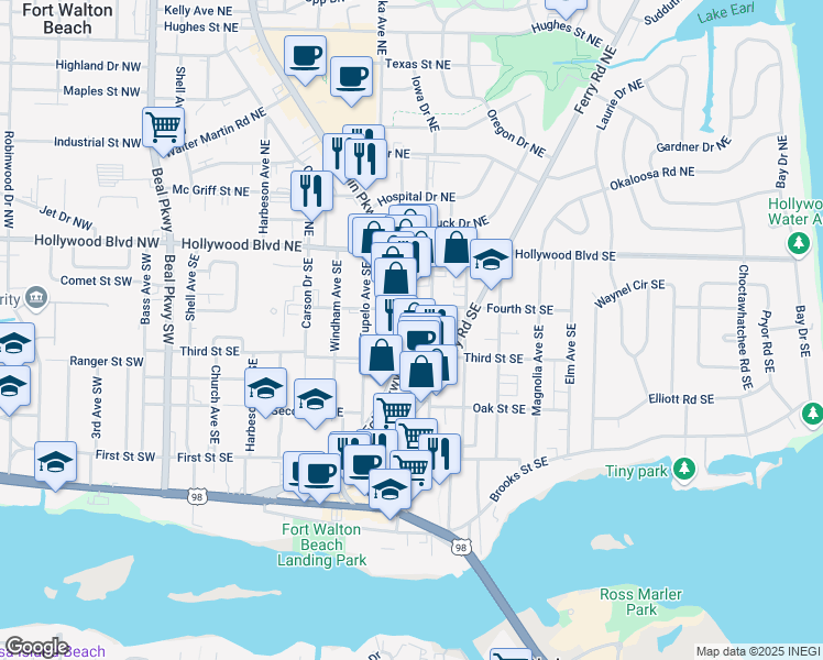 map of restaurants, bars, coffee shops, grocery stores, and more near 34 Eglin Pkwy SE in Fort Walton Beach