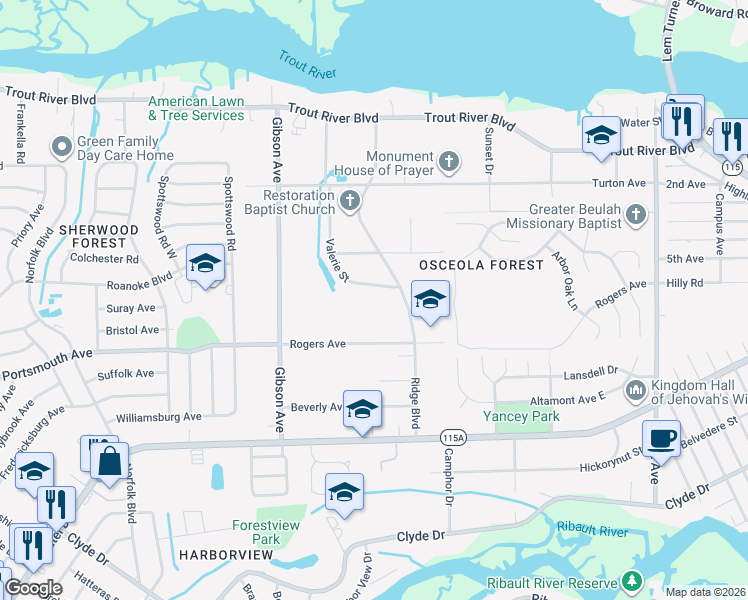 map of restaurants, bars, coffee shops, grocery stores, and more near 9476 Valerie Street in Jacksonville