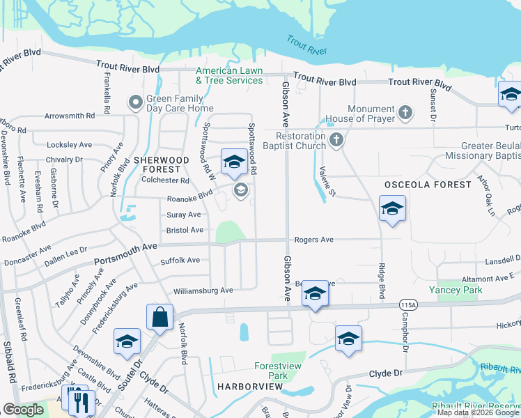map of restaurants, bars, coffee shops, grocery stores, and more near 9353 Spottswood Road in Jacksonville