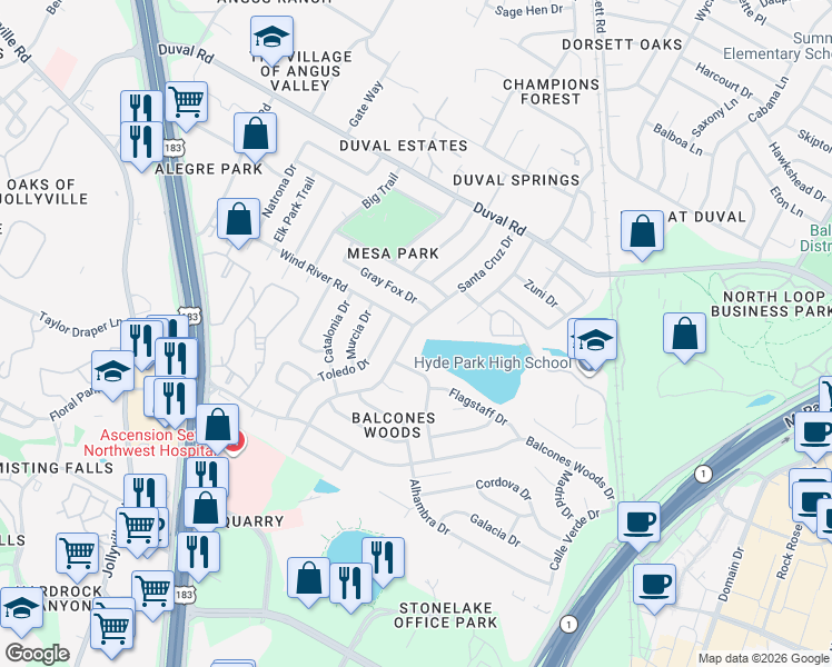 map of restaurants, bars, coffee shops, grocery stores, and more near 11603 Santa Cruz Drive in Austin