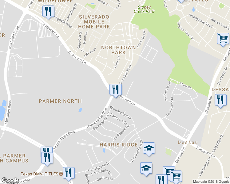 map of restaurants, bars, coffee shops, grocery stores, and more near East Howard Lane in Austin