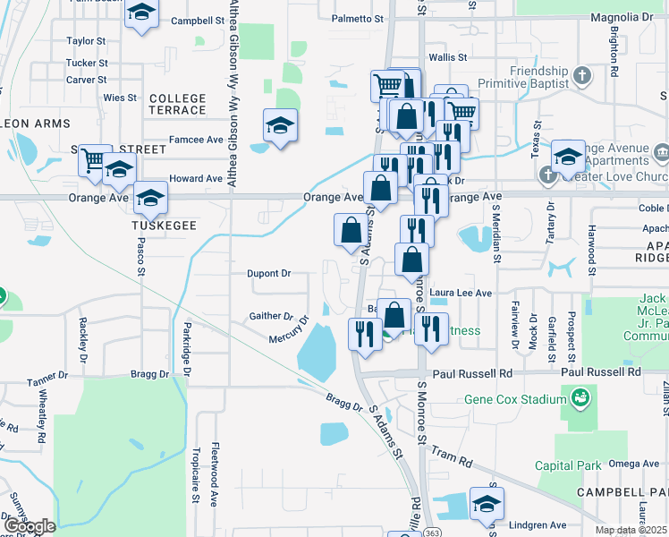 map of restaurants, bars, coffee shops, grocery stores, and more near 3000 South Adams Street in Tallahassee