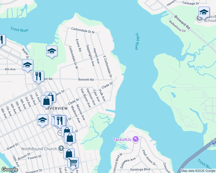 map of restaurants, bars, coffee shops, grocery stores, and more near 1450 Clyde Street in Jacksonville