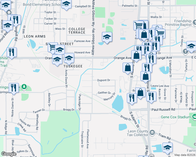 map of restaurants, bars, coffee shops, grocery stores, and more near 432 Dupont Drive in Tallahassee