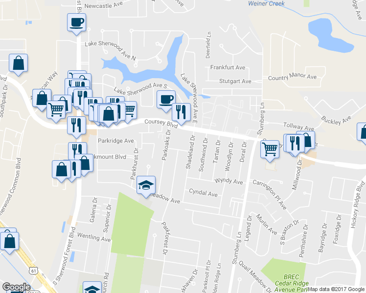map of restaurants, bars, coffee shops, grocery stores, and more near 12313 Parkridge Avenue in Baton Rouge