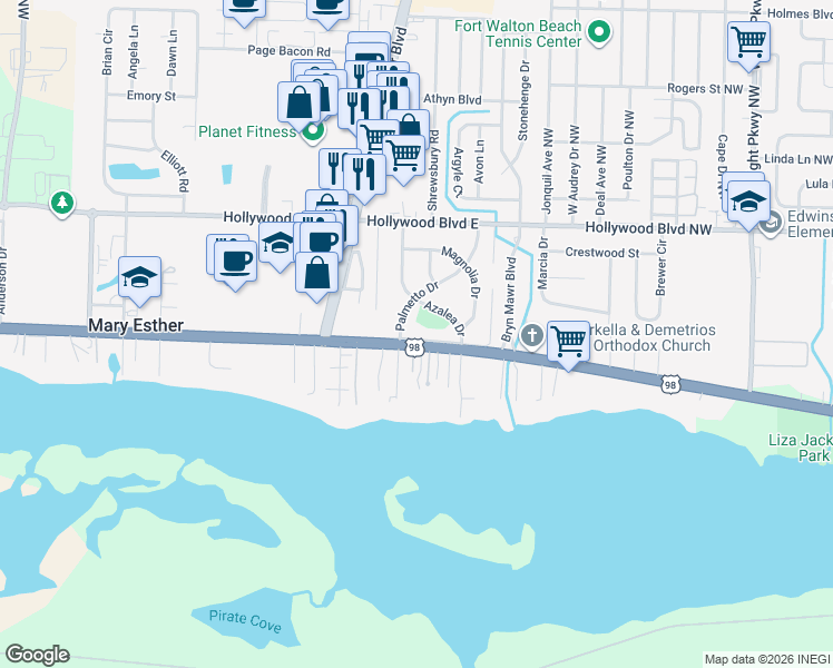 map of restaurants, bars, coffee shops, grocery stores, and more near 16 Oleander Parkway in Mary Esther