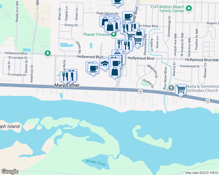 map of restaurants, bars, coffee shops, grocery stores, and more near 320 Miracle Strip Parkway in Mary Esther