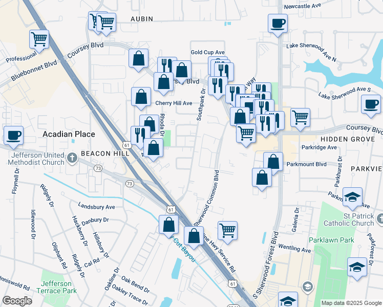 map of restaurants, bars, coffee shops, grocery stores, and more near 4560 Southpark Drive in Baton Rouge