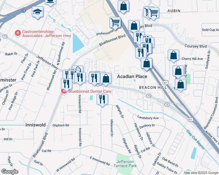 map of restaurants, bars, coffee shops, grocery stores, and more near 10028 Jefferson Hwy in Baton Rouge