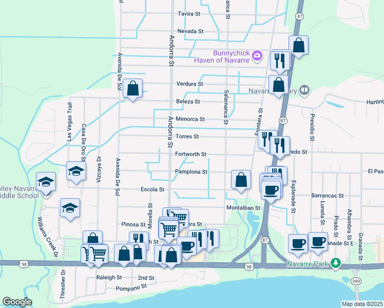map of restaurants, bars, coffee shops, grocery stores, and more near 8267 Fortworth Street in Navarre