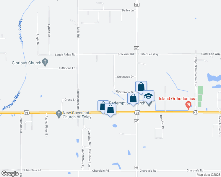 map of restaurants, bars, coffee shops, grocery stores, and more near 12711 Westbrook Drive in Foley