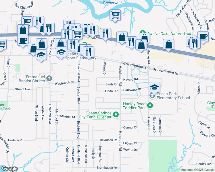 map of restaurants, bars, coffee shops, grocery stores, and more near 217 Linda Drive in Ocean Springs